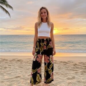 Caligiel Tropical Floral Wide-Leg Palazzo Pants, nwt, one size